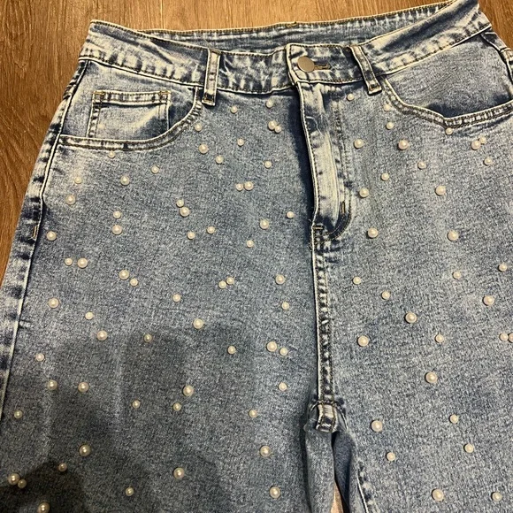 Light Blue Pearl-Embellished Wide-Leg Jeans M - Picture 2 of 5